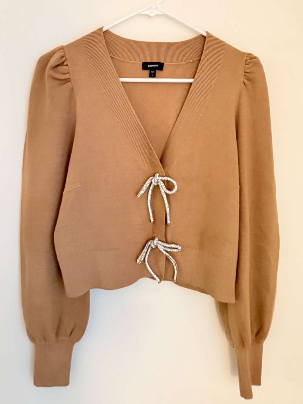 Express Tie Front Buttoned Cropped Camel Puff Sleeve V-Neck Trendy Cardigan
